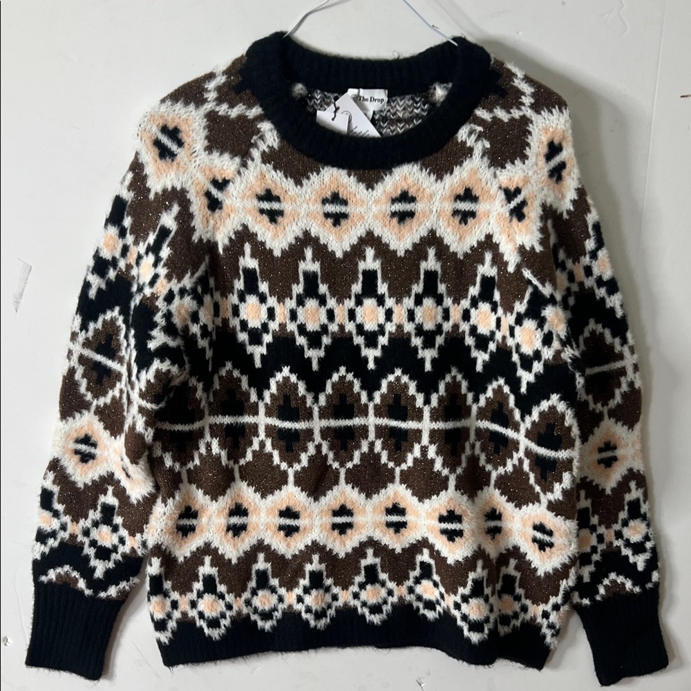 NWT THE DROP VALERIA FAIR ISLE BLACK/CHOCOLATE WINTER WARM SWEATER SIZE XXL
